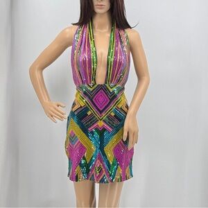 Fashion Nova NEW Retro 70’s Groovy Disco Multicolor Sequin Party Dress NWT